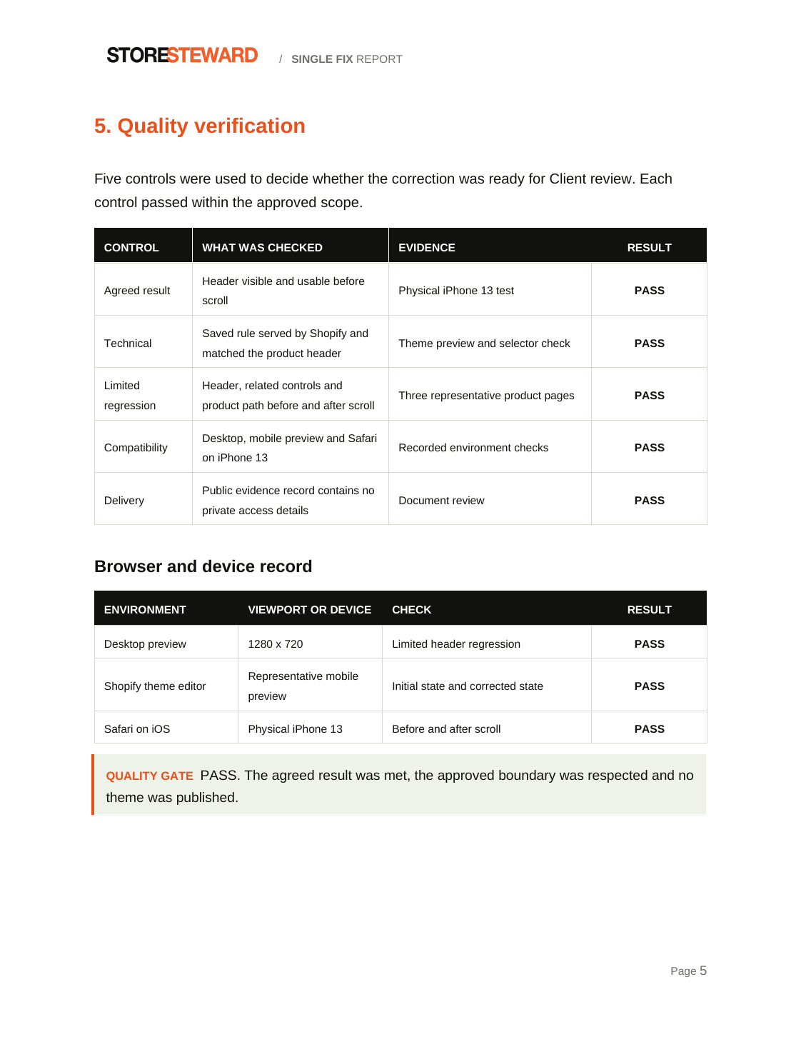 Quality verification page in the approved Tern and Oak sample intervention report