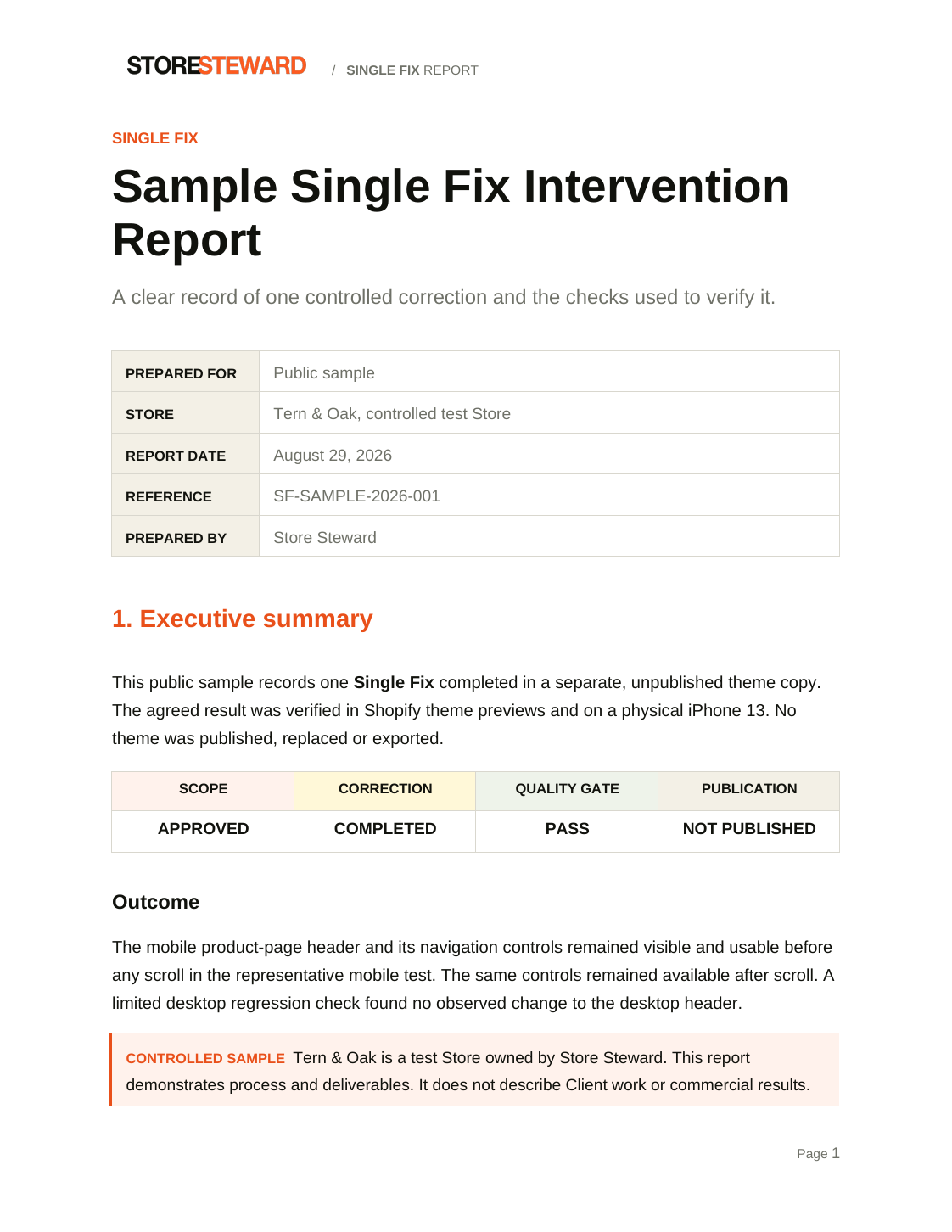 Cover of the approved Sample Single Fix Intervention Report