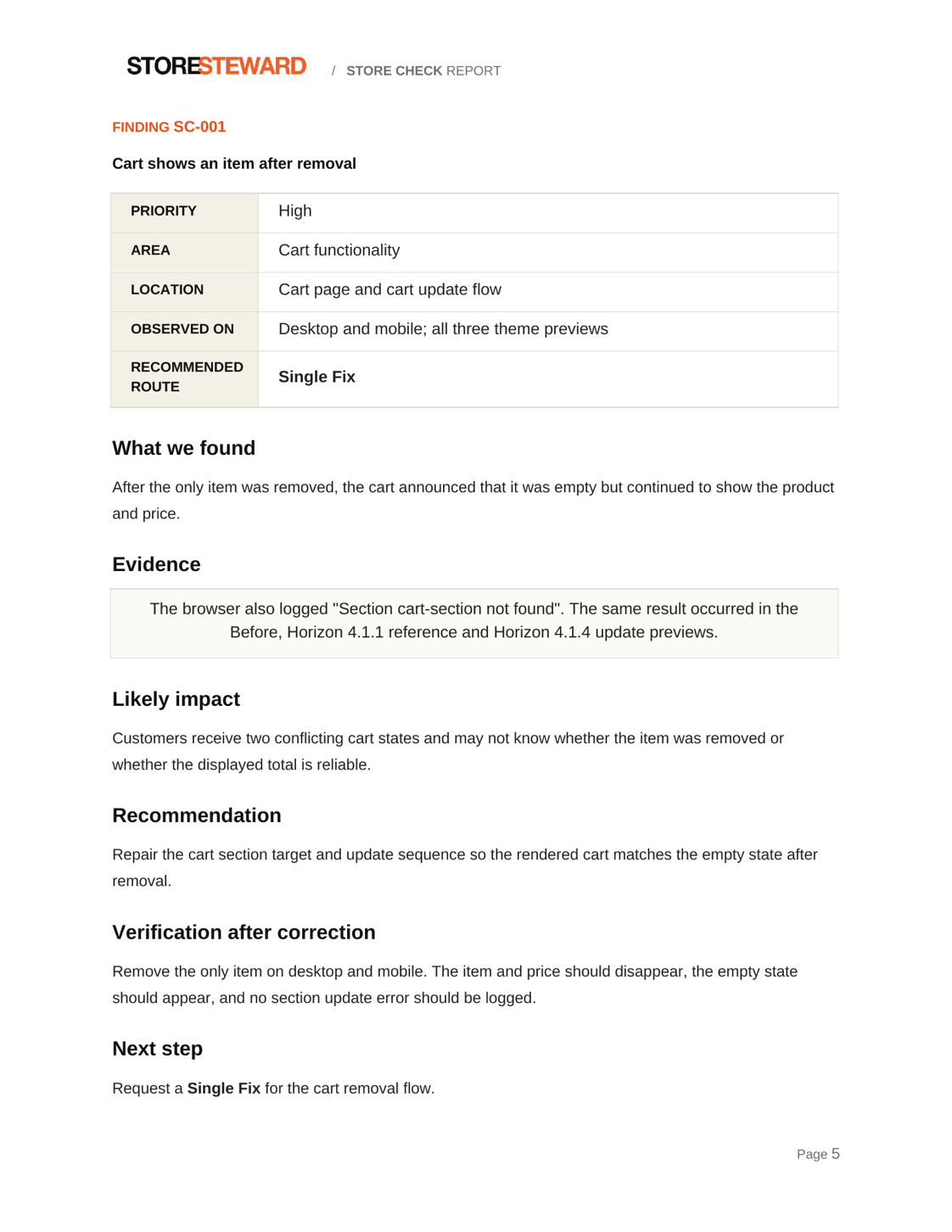 Finding page from the approved Sample Store Check report